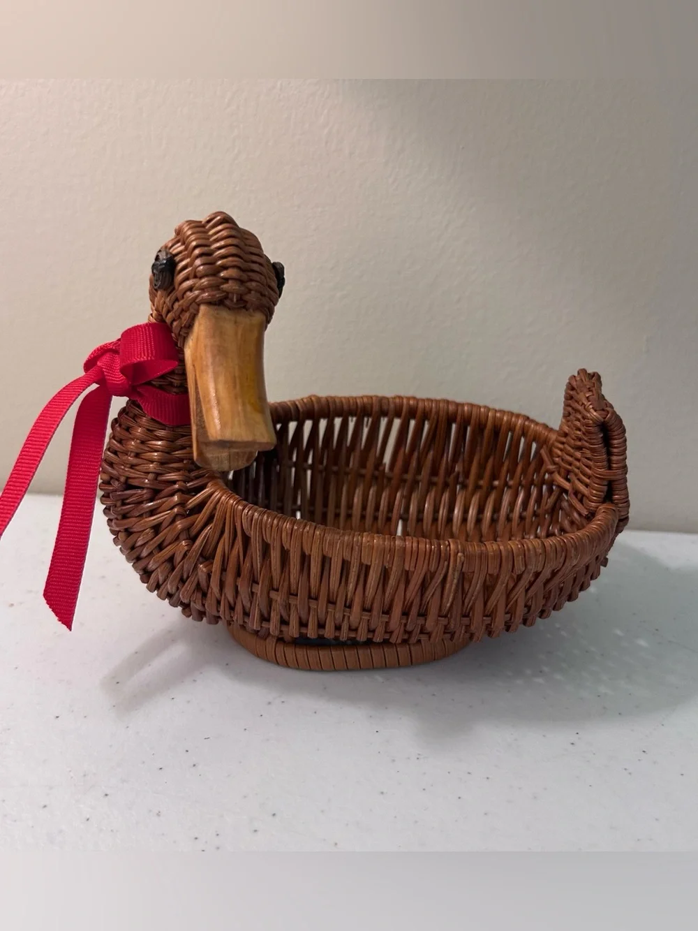 Vintage Wicker Duck Basket Wood Beak Trinket Holder or succulent home